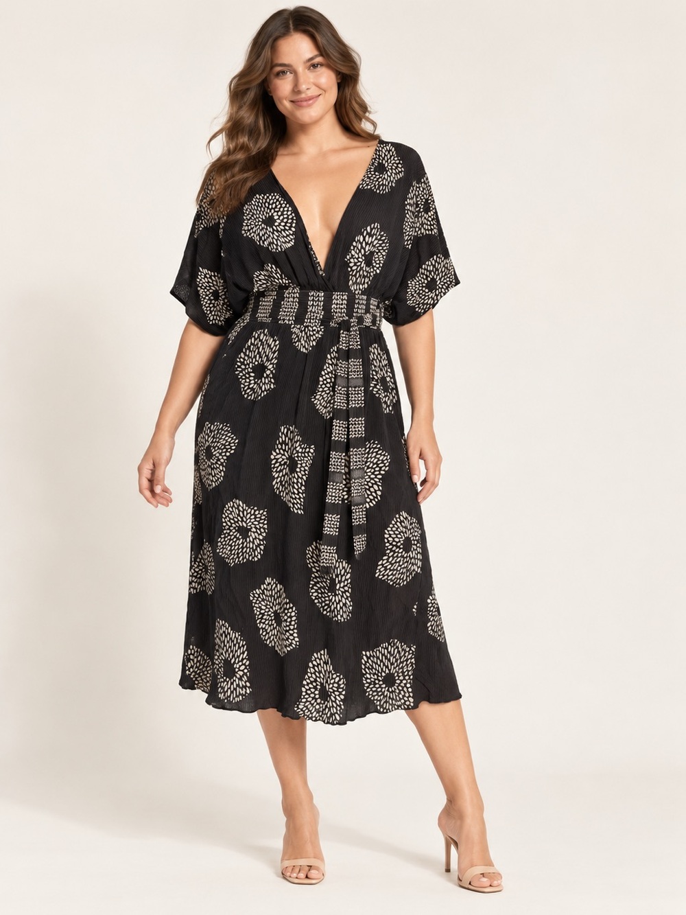 Anthropologie Maple Silk Dress L Graphite Ivory Kimono Sleeve Boho Midi